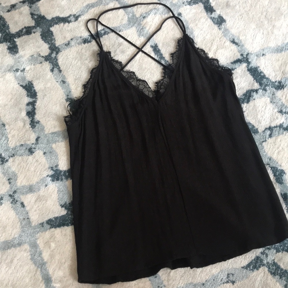 XS Black Lace-trim Crisscross Back Camisole Top